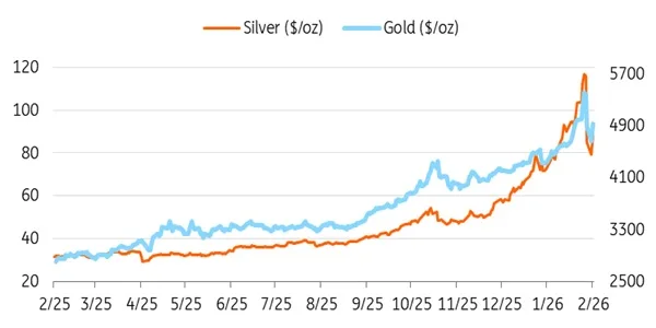 Gold and Silver Prices from Feb 2025 to Feb 2026