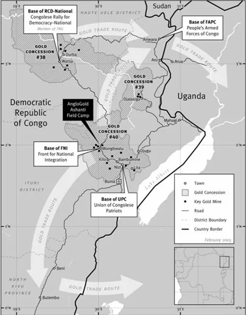 Gold Mines and Smuggling Routes in Northeastern DRC
(Source: Human Rights Watch)