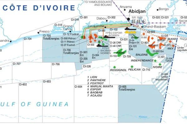 Hydrocarbon Fields Map off Côte d'Ivoire