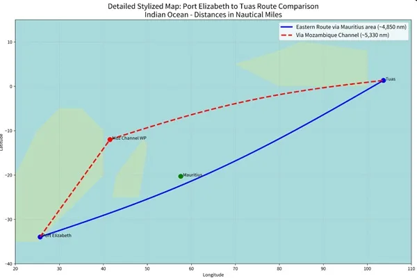 Tuas to Port Elizabeth Great-Circle Navigation Path Passes By Mauritius