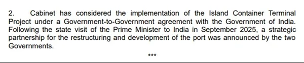 Extract from the Mauritian Cabinet Decision about the Island Container Terminal on 29 May 2026